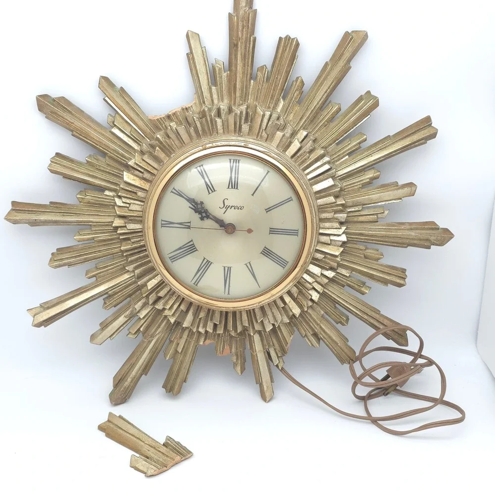 Syroco Sunburst Wall Clock Mid Century Modern‎ Electric Vintage Movement Works